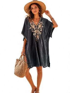 Karyn Seo Handmade Embroidered Velour Pullover Dress Gray Size Small